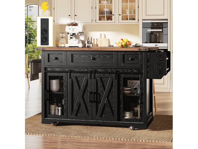 Desserte de cuisine noire 144.4x45.3x91.5 cm avec plateau extensible et prises - Conforama E