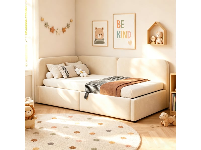  Lit coffre 90x200 cm avec rangement hydraulique et tête de lit rangement, lit simple avec sommier à lattes en tissu beige  - Conforama B