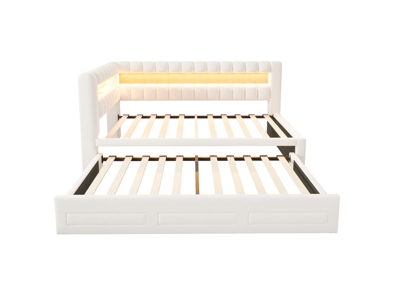  Lit banquette 90x190 cm beige avec lit gigogne, tiroir, led et usb  - Conforama D