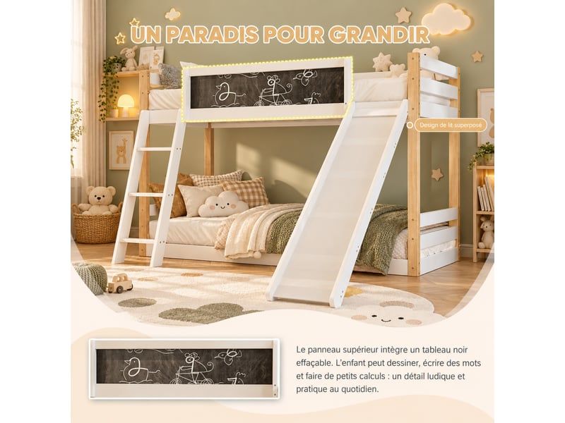 Lit superposé enfant 90x200 cm bois et panneaux, avec toboggan, escalier et barrières de sécurité, sans matelas - Conforama B