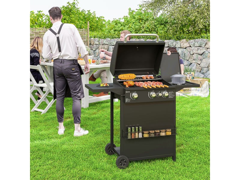  Barbecue gaz 3+1 brûleurs en acier, puissance 9,5 kw, barbecue de jardin 2 grilles étagères latérales, 2 roues, noir  - Conforama D