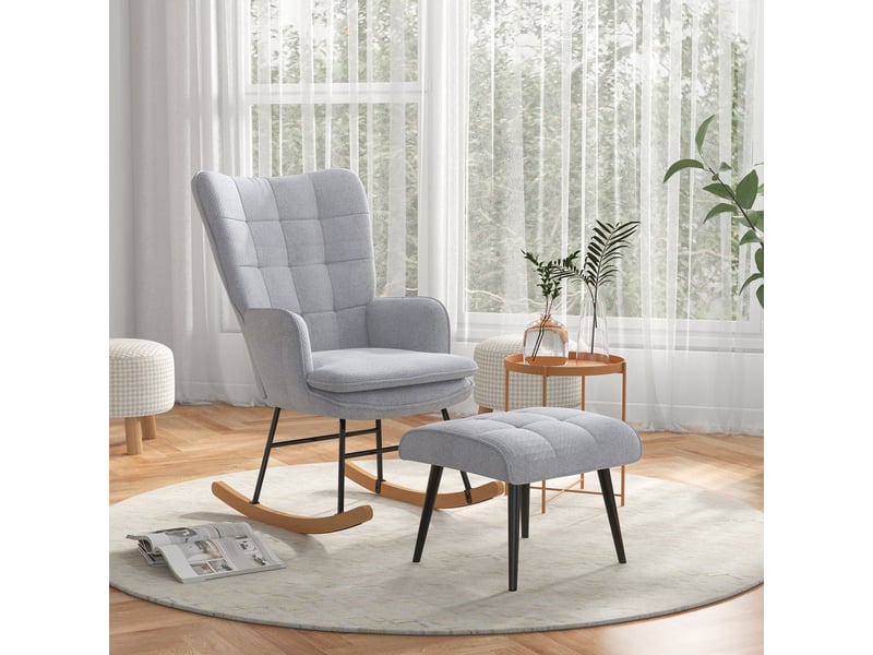  Fauteuil à bascule avec repose-pieds gris clair, fauteuil de relaxation aspect lin, charge 130 kg  - Conforama D