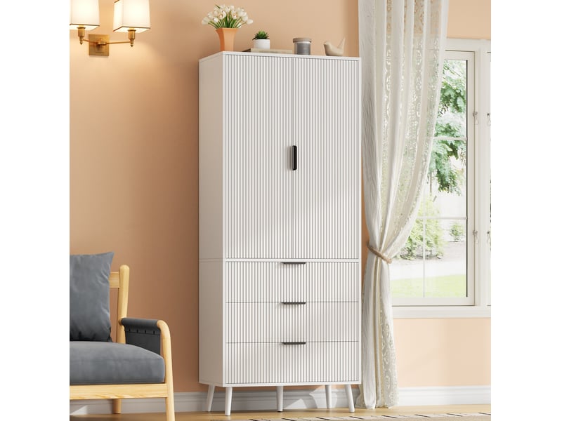 Buffet de cuisine haut avec 2 portes, 3 tiroirs et étagères réglables en mdf blanc pour cuisine 75 × 35 × 180 cm - Conforama E