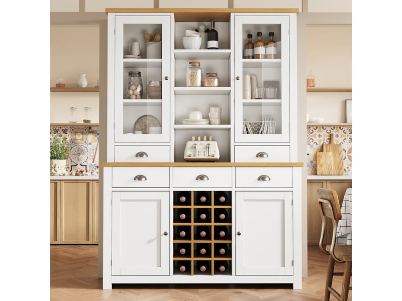  Armoire de cuisine blanche 185cm, buffet haut avec porte en verre, 5 tiroirs, range-bouteilles amovible  - Conforama C