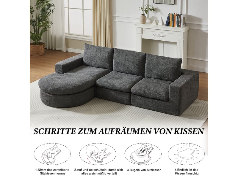 Canapé d’angle modulable avec méridienne réversible - coussins cervicaux, sans montage, chenille gris - Conforama E