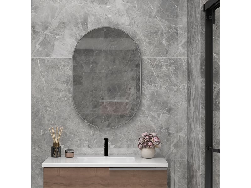 Miroir de salle de bain ovale décoratif 60 x 90 cm avec cadre en aluminium pour salon, orientation horizontale ou verticale, argenté - Conforama D