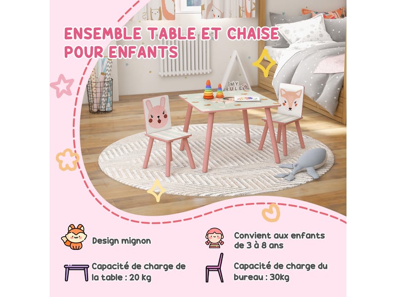 Ensemble table et chaises pour enfants, table pour enfant avec 2 chaises, motif animaux pour chambre à coucher rose - Conforama W
