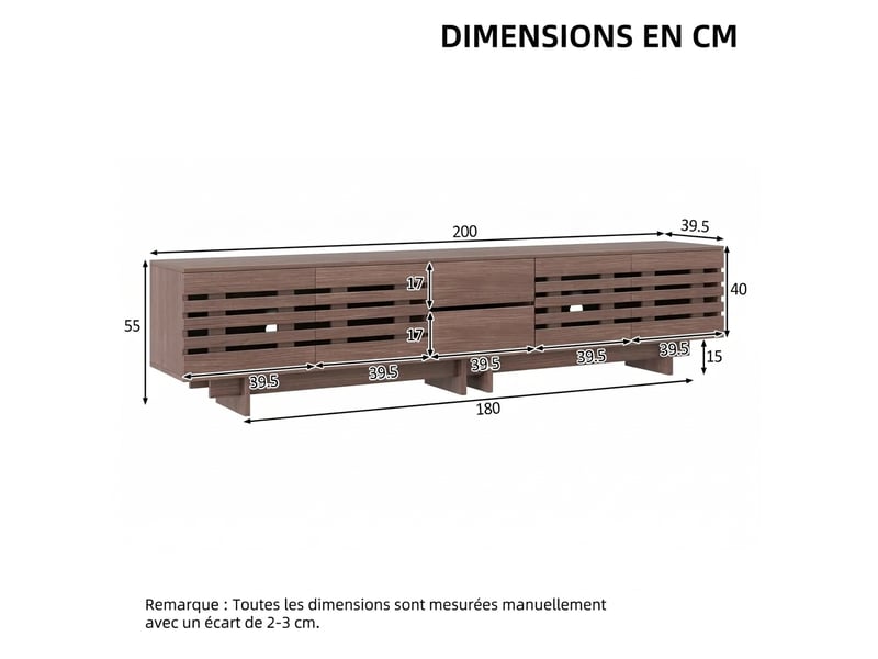  Meuble tv 200 cm noyer pour écran 80 pouces - 4 portes 2 tiroirs - style rétro  - Conforama C