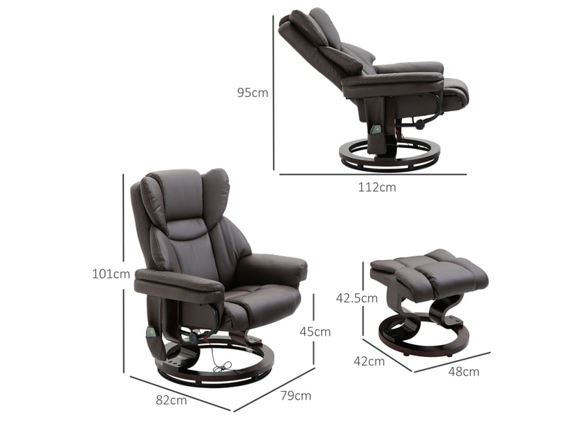  Fauteuil de massage inclinable avec repose-pieds, similicuir marron, 145°, pivotant à 360°, pour salon et coin détente  - Conforama C