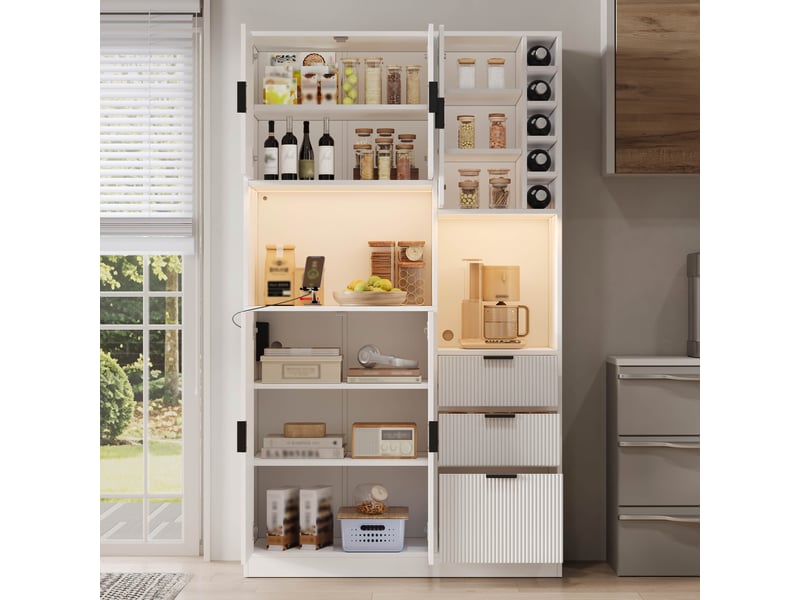  Buffet de salle à manger 180x105x40 cm avec led, 3 tiroirs, porte-bouteilles et étagères réglables  - Conforama B