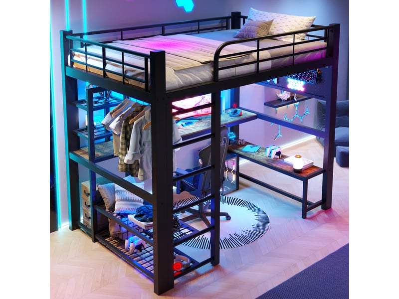 Lit mezzanine 2 places 140×200 cm, led réglable, étagères et bureau - sans matelas, métal noir - Conforama B