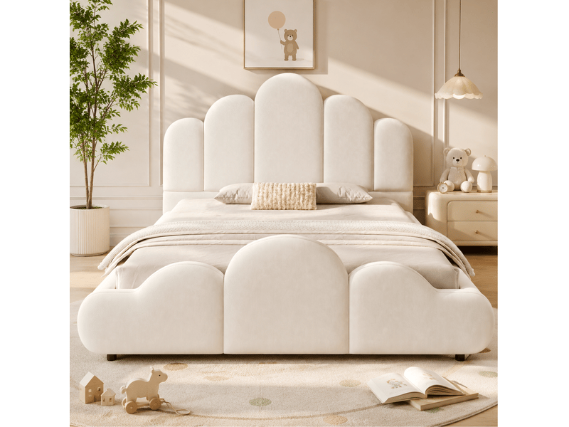  Lit enfant rembourré 140 × 200 cm 2 places avec tête de lit et coins arrondis, sans matelas, en velours, beige  - Conforama B