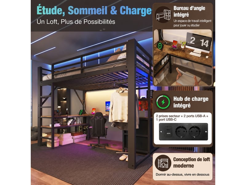 Lit mezzanine avec bureau d’angle, led, prises usb, 140x200 cm, brun-noir - Conforama D
