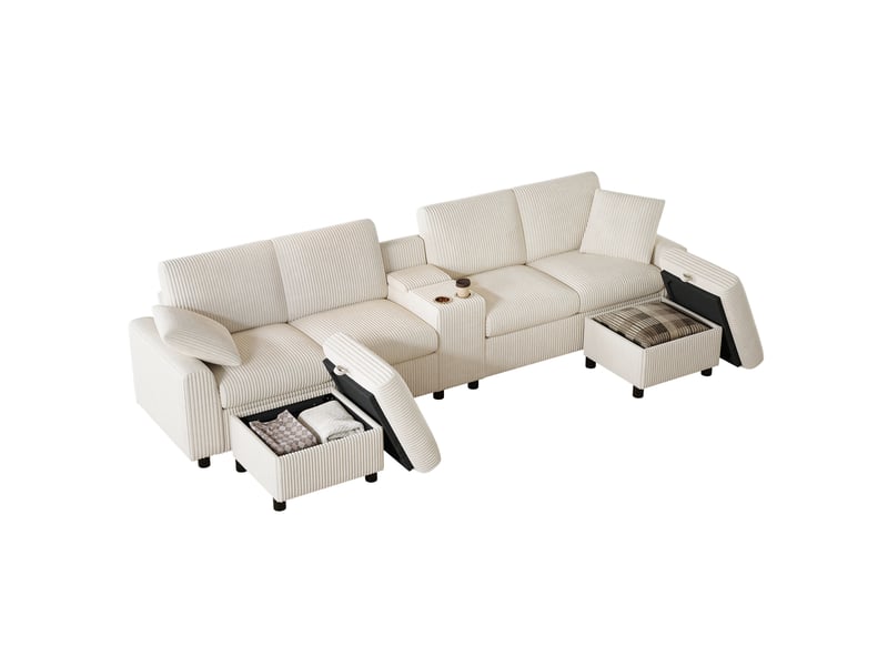  Canapé en u velours côtelé beige, canapé 4 places avec 2 poufs de rangement, table basse intégrée et ports usb pour salon moderne  - Conforama A