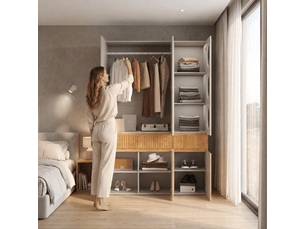 Armoire à portes battantes 135x50x200 cm avec 6 portes, 2 tiroirs et 1 penderie, chêne clair et gris