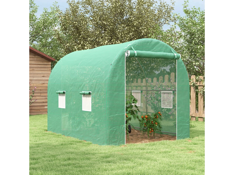  Serre de jardin tunnel surface sol 6 m² châssis tubulaire renforcé porte zippée 4 fenêtres enroulables vert  - Conforama C