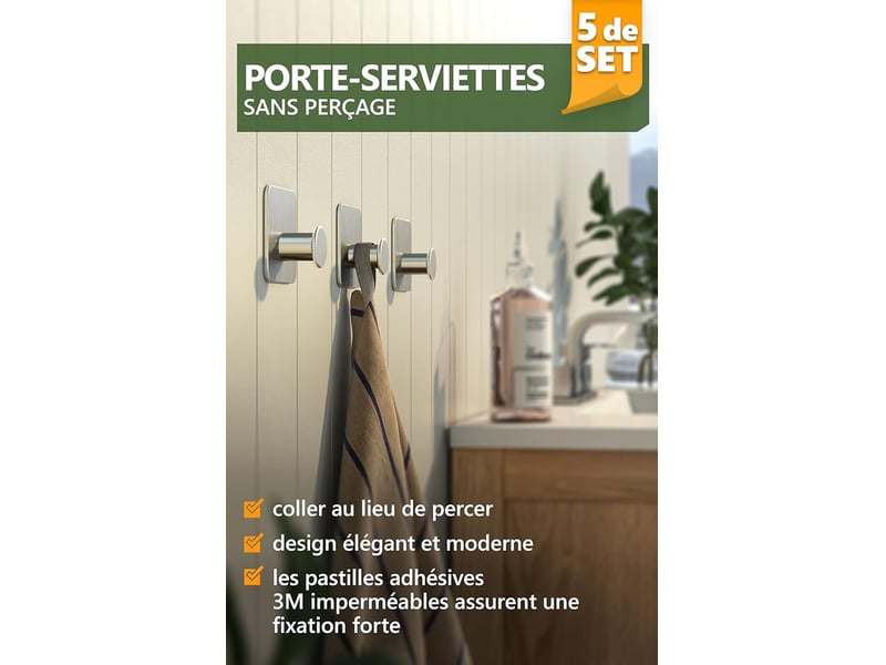 Accroche-serviette porte-serviette sans perçage set de 5 - crochets serviette salle de bain modernes - crochet adhésif mural en acier inox, gris - Conforama B