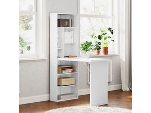 Bureau d'ordinateur pliable avec bibliothèque, tableau blanc et étagère réglable, blanc, dimensions 98x51x153 cm
