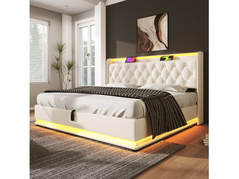 Lit coffre adulte 160x200 cm – blanc – led 360°, usb-c, rangement hydraulique et matelas 7 zones h3 - Conforama B