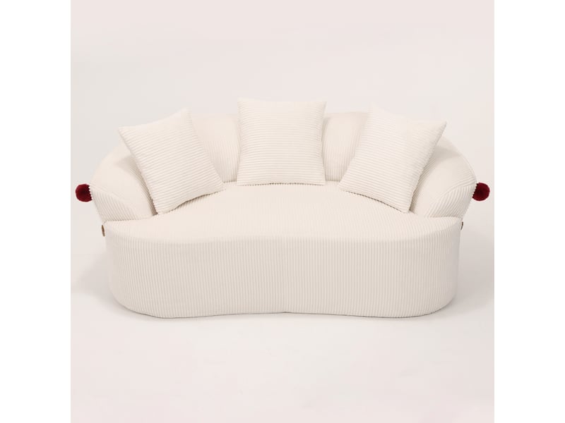 Canapé compressé 2 places 163x93x68 cm sans structure, design courbé, 3 coussins et coussin pour animal inclus, mousse, velours côtelé blanc - Conforama A