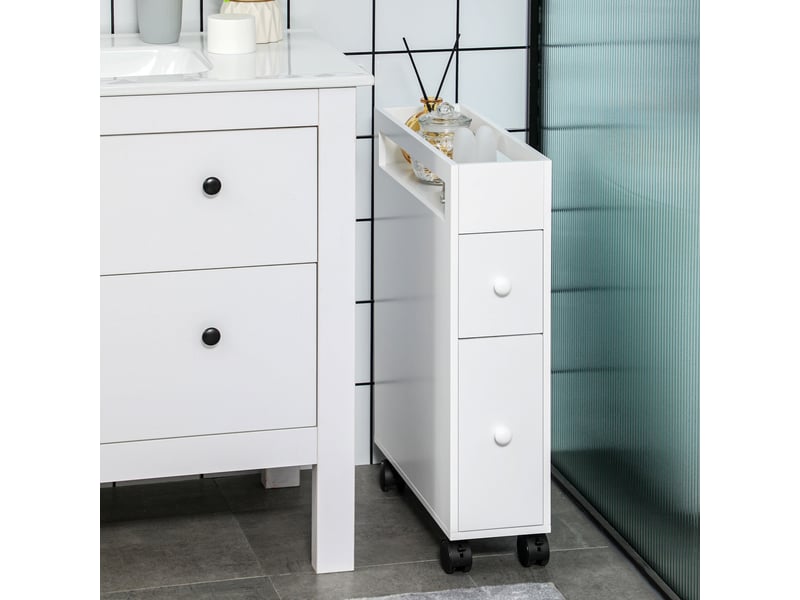  Meuble de salle de bain étroit, deux tiroirs, quatre roulettes, blanc, 16 x 49,5 x 66 cm  - Conforama C