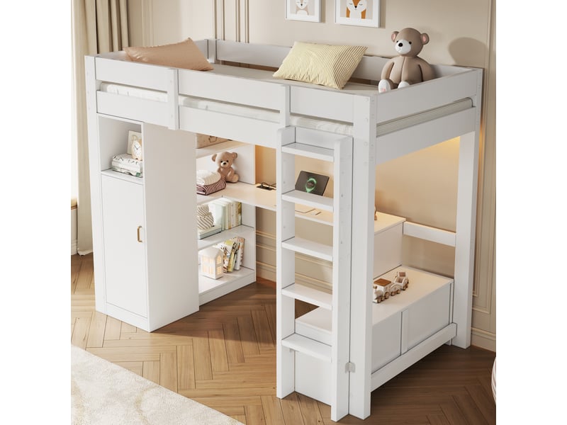 Lit mezzanine enfant 90 x 200 cm avec armoire, bureau, étagères, led et port usb, bois massif et mdf, blanc CozyNest - Conforama E