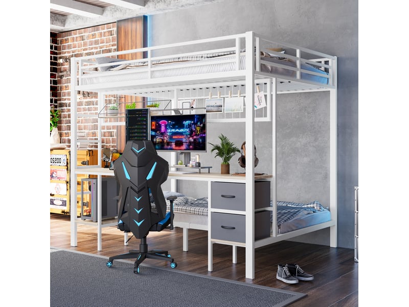  Lit mezzanine tcqpz 140 x 200 cm avec bureau, tiroirs, étagères, led 7 couleurs, usb, sans matelas, blanc  - Conforama D