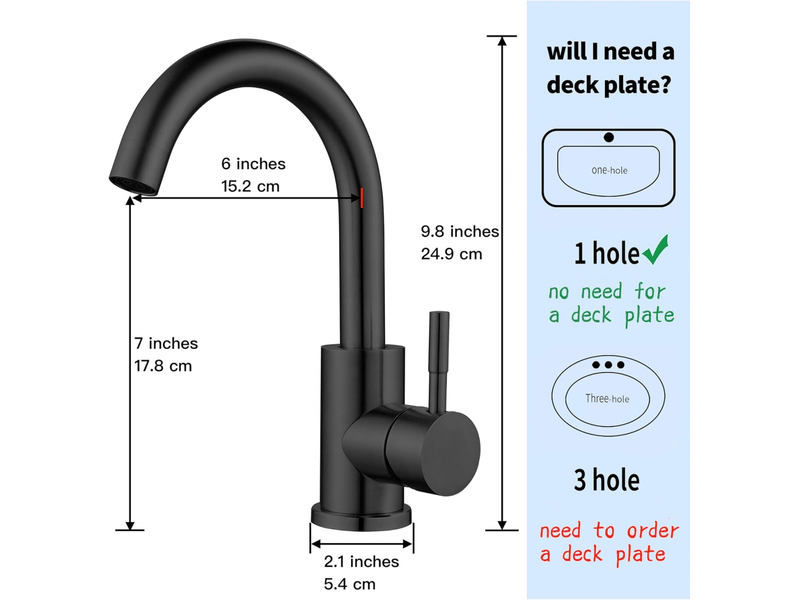  Robinet d'évier monotrou simple et moderne, robinet d'évier à poignée unique pour évier de cuisine ou de salle de bain, noir  - Conforama D