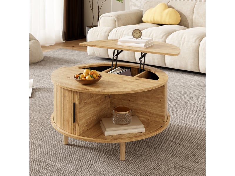  Table basse ronde réglable - rangement - 80x80x59 cm - tiroir coulissant, rangement intégré - mdf - chêne BUYDEEMEUS - Conforama B