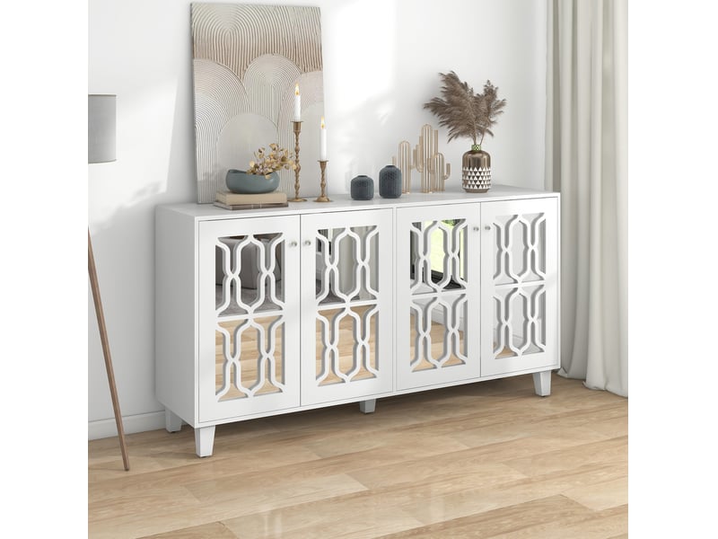  Buffet bas blanc avec finition miroir, 4 portes, poignées effet cristal et étagère intérieure mobile, 160 x 40 x 84 cm  - Conforama C