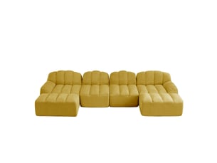 Canapé panoramique coquille 4 places, 2 poufs jaune – 366 x 165 x 79 cm
