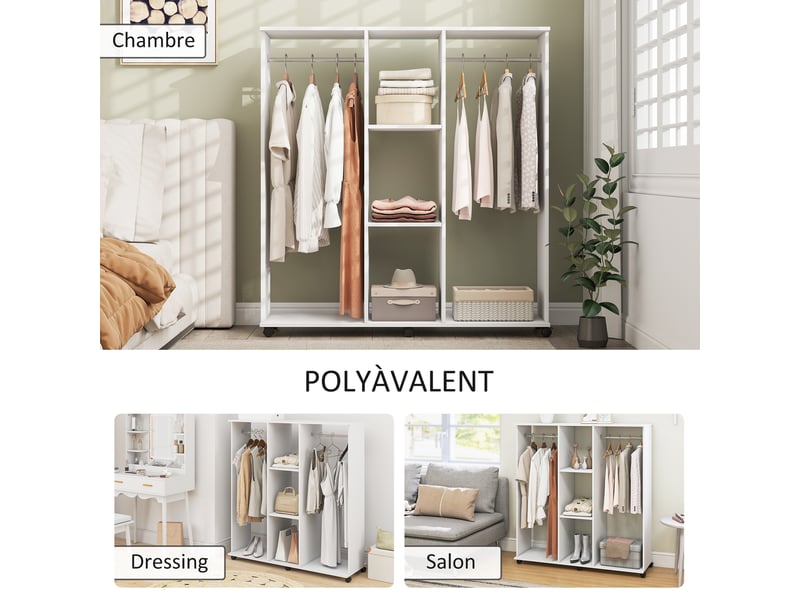  Armoire penderie meuble de rangement mobile 6 roulettes en bois blanc 120 x 40 x 128 cm  - Conforama E
