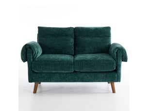 Canapé 2 places en chenille vert émeraude, style mid-century, coussins moelleux, petit canapé compact