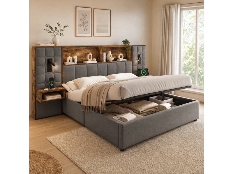  Lit coffre 180 x 200 cm gris avec éclairage led, liseuses et chevets intégrés  - Conforama B