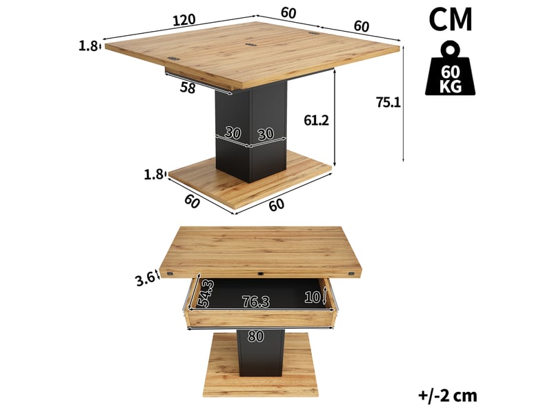  Table à manger extensible avec rangement, 120x120 cm dépliée, mdf, coloris naturel  - Conforama E