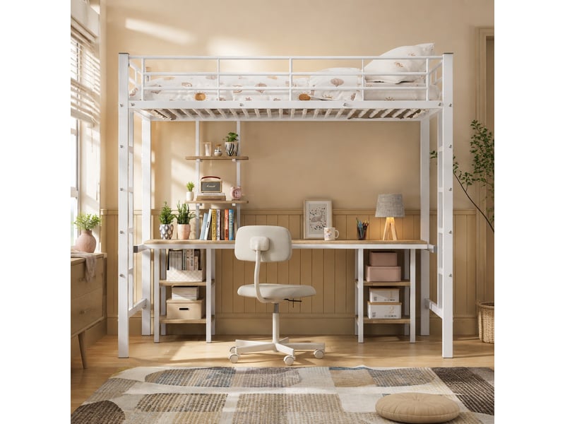 Lit mezzanine enfant 90x200 cm avec bureau et étagères en métal blanc - Conforama B