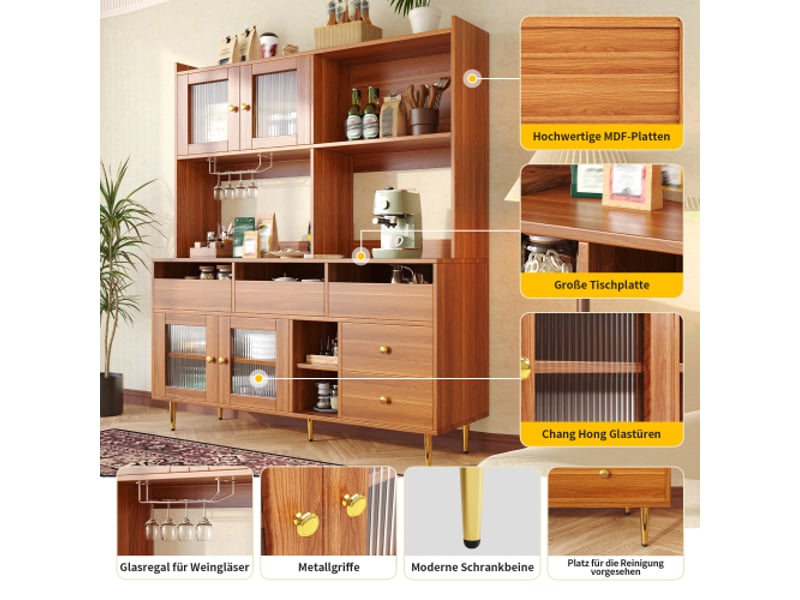 Armoire haute de restaurant moderne – porte en verre changhong, range-verres à vin, rangements étagés, bois et dorures - Conforama E