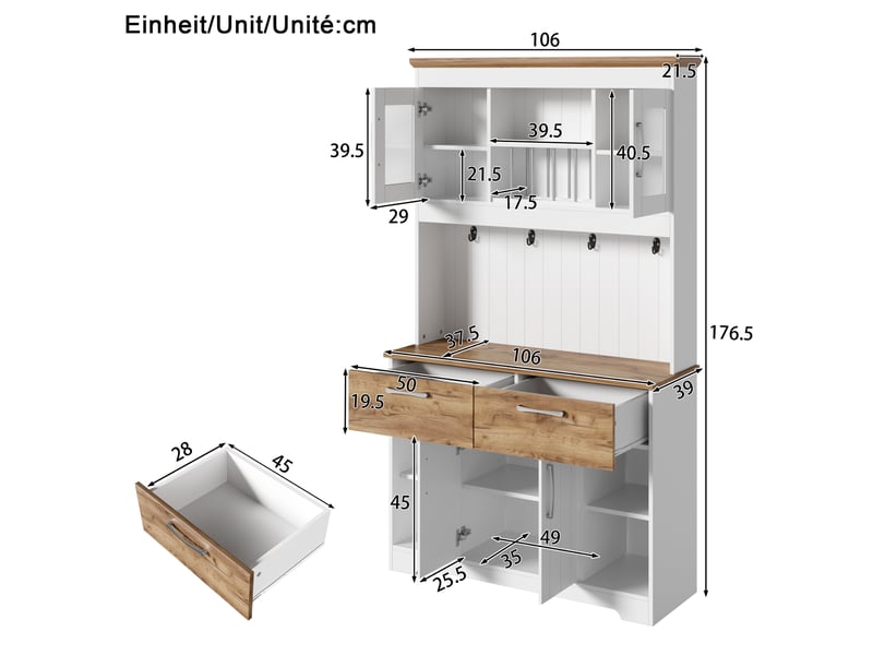  Buffet de cuisine avec vitrines, 2 tiroirs et crochets - lpospi - rangement, bois d’ingénierie blanc naturel  - Conforama D