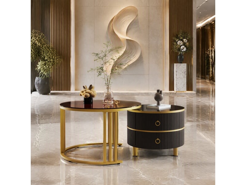 Lot de 2 tables basses rondes 70x70x45 et 50x50x40 cm avec 2 tiroirs, noir et doré - Conforama B