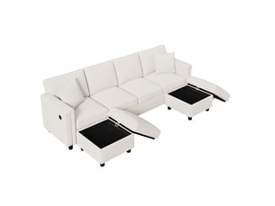 Canapé d'angle convertible 6 places en chenille beige, 261 x 134 x 82 cm, forme en u, avec rangement, ports usb et usb-c, agencement modulable