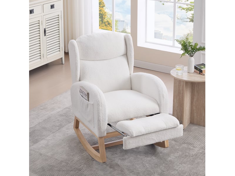  Fauteuil à bascule modenvie teddy blanc avec repose-pieds coulissant et poches de rangement 122,5 x 70 x 104 cm  - Conforama B