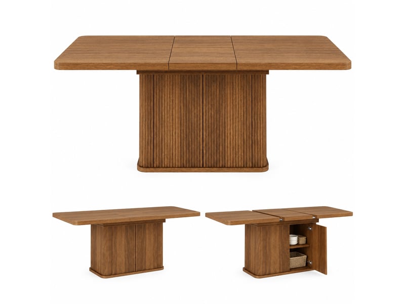  Table à manger extensible 140-180 cm avec rangement caché, finition bois marron  - Conforama A