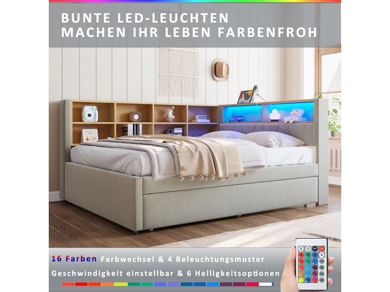  Canapé-lit 140x200 cm + gigogne 90x190 cm avec led et prises, flanelle gris clair, sans matelas  - Conforama D