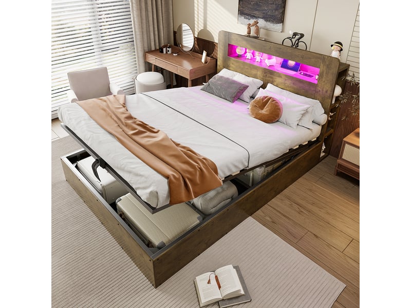  Lit plateforme bois 140*200 cm, relevage hydraulique, tête de lit led, prises et casiers, coloris bois vieilli  - Conforama D