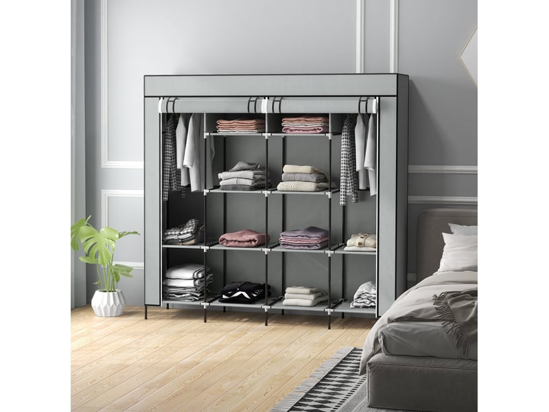  Armoire en tissu avec 2 penderies, 10 niches et 4 tiroirs amovibles pour rangement, gris foncé, 166 × 42,5 × 169,5 cm  - Conforama B