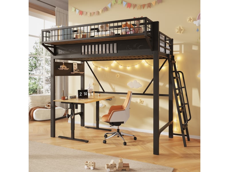  Lit mezzanine 90×200 cm avec rangements et espace ouvert - okmyhome- métal noir, escalier réversible, sans matelas  - Conforama B