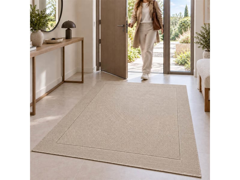  The white stone tapis extérieur avec bordure 200x290 cm tourterelle | pour intérieur et extérieur, résistant aux uv et à l'eau, lavable | tapis en polypropylène tissé à plat effet sisal  - Conforama D