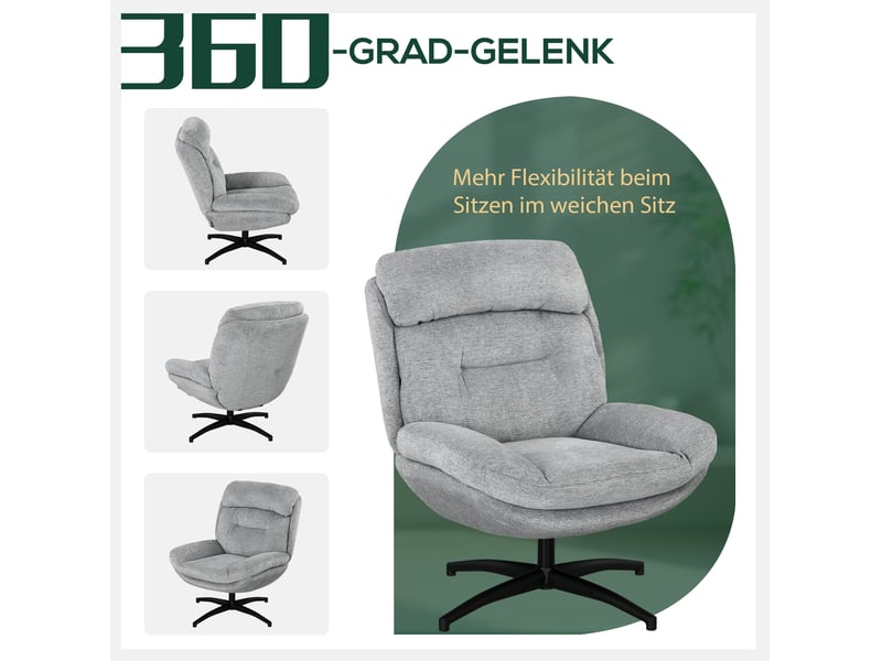  Fauteuil 79x91x98 cm, pivotant 360°, accoudoirs intégrés, en tissu polyester gris, design moderne, canapé une place  - Conforama D