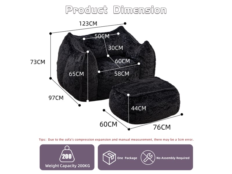  Fauteuil‑poire géant 123x157x73 cm fauteuil lounge avec coussin et pouf, sans montage, remplissage mousse, fausse fourrure, noir  - Conforama C
