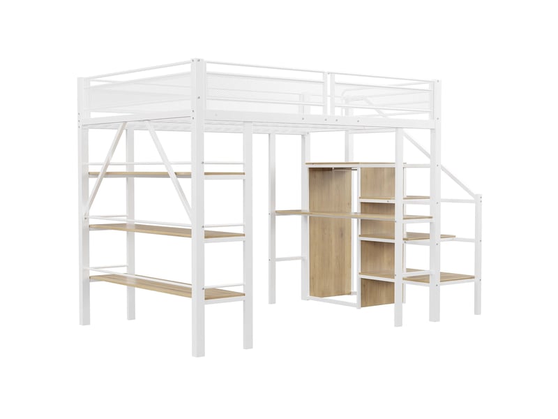  Lit haut 140x200 pour enfant, structure métal blanche, bureau intégré, rangement et marches sécurisées  - Conforama A